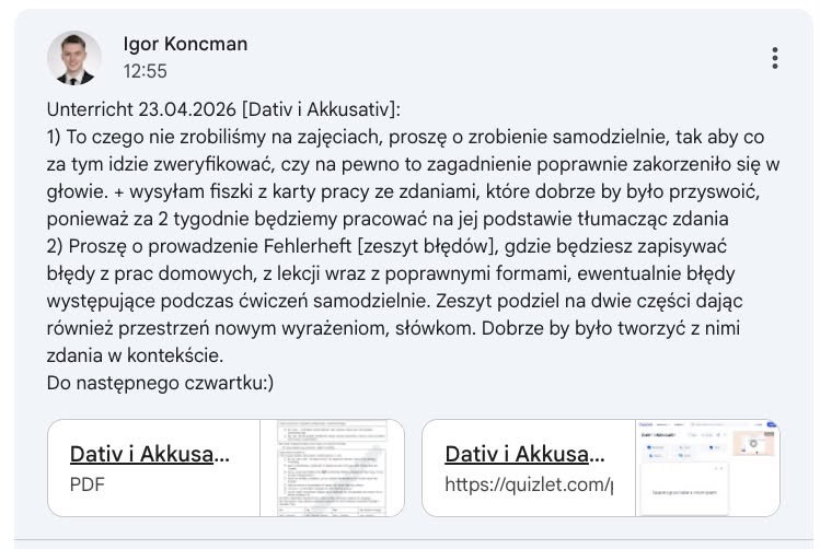Wiadomość z wirtualnej klasy z materiałami po zajęciach